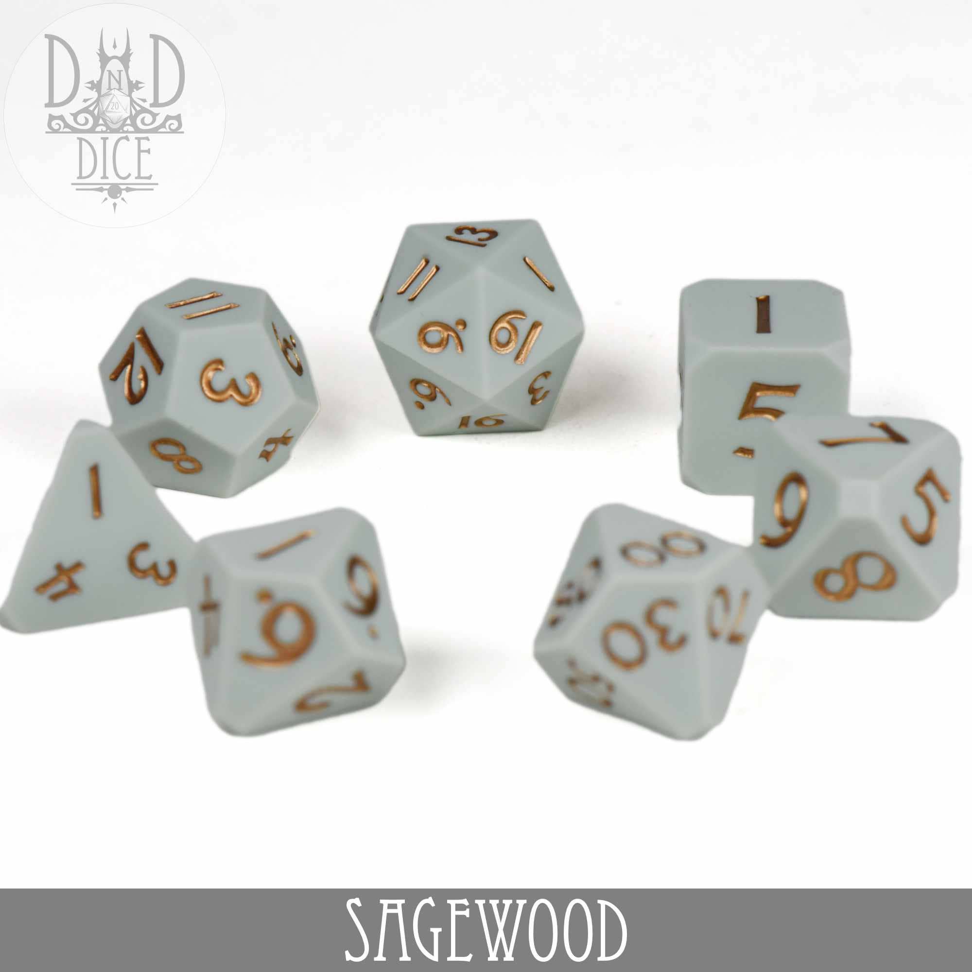 Sagewood (Silicone) light gray 7-piece dice set with gold numbers for tabletop gaming.