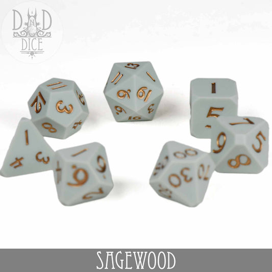 Sagewood (Silicone) light gray 7-piece dice set with gold numbers for tabletop gaming.