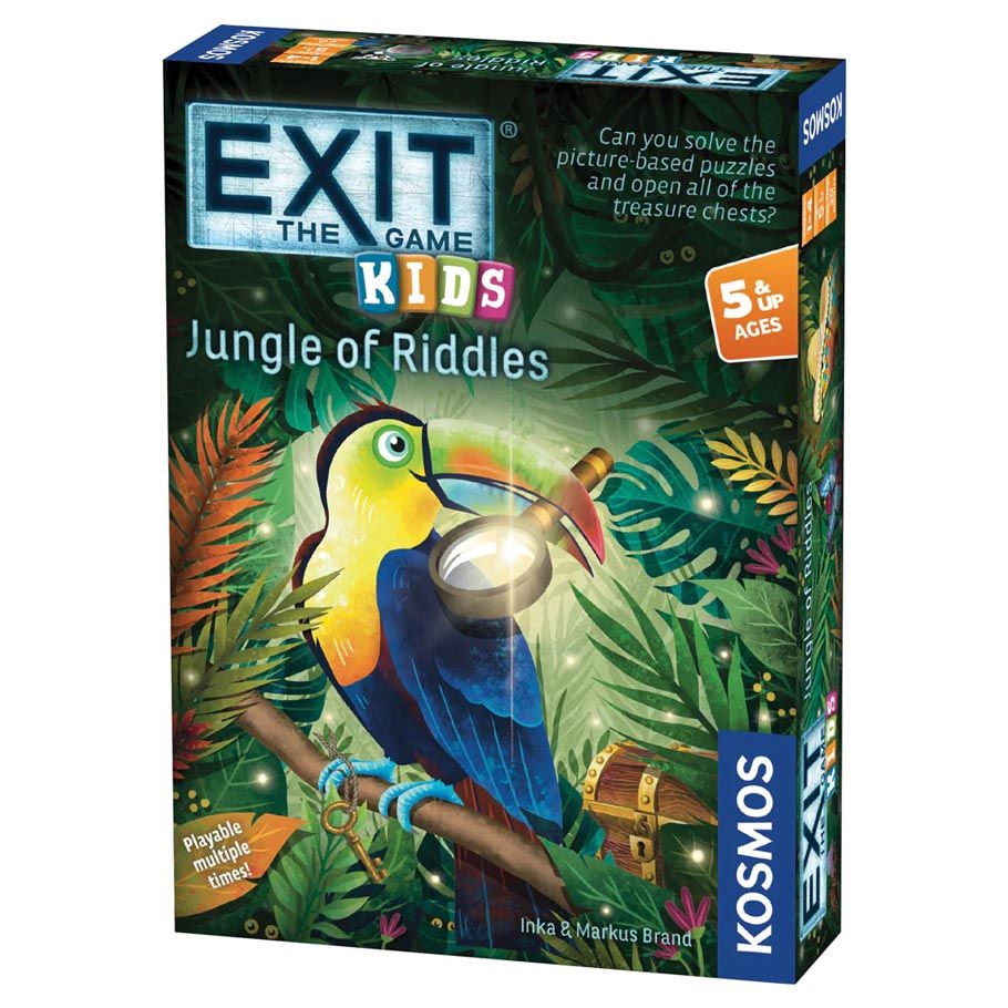 EXIT Kids: Jungle of Riddles riddle game for ages 5+ with toucan and magnifying glass shown on packaging.