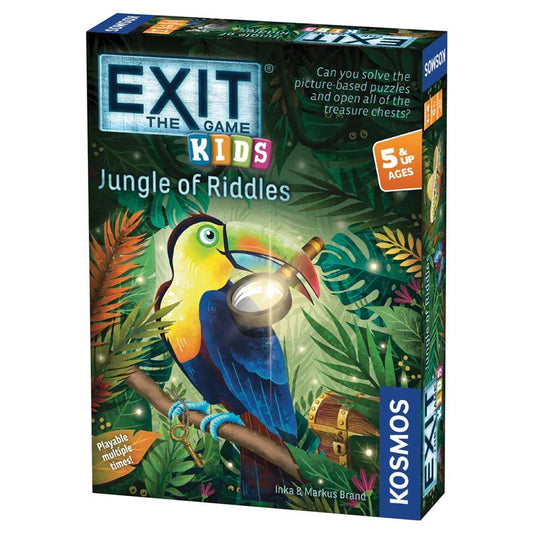 EXIT Kids: Jungle of Riddles riddle game for ages 5+ with toucan and magnifying glass shown on packaging.