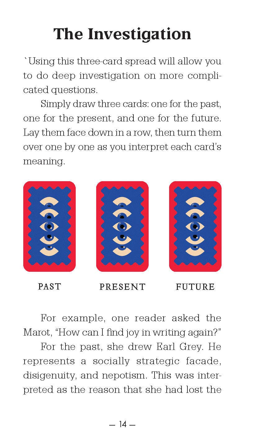 Murdle Oracle Deck tarot reading with three face-down cards labeled past, present, and future.