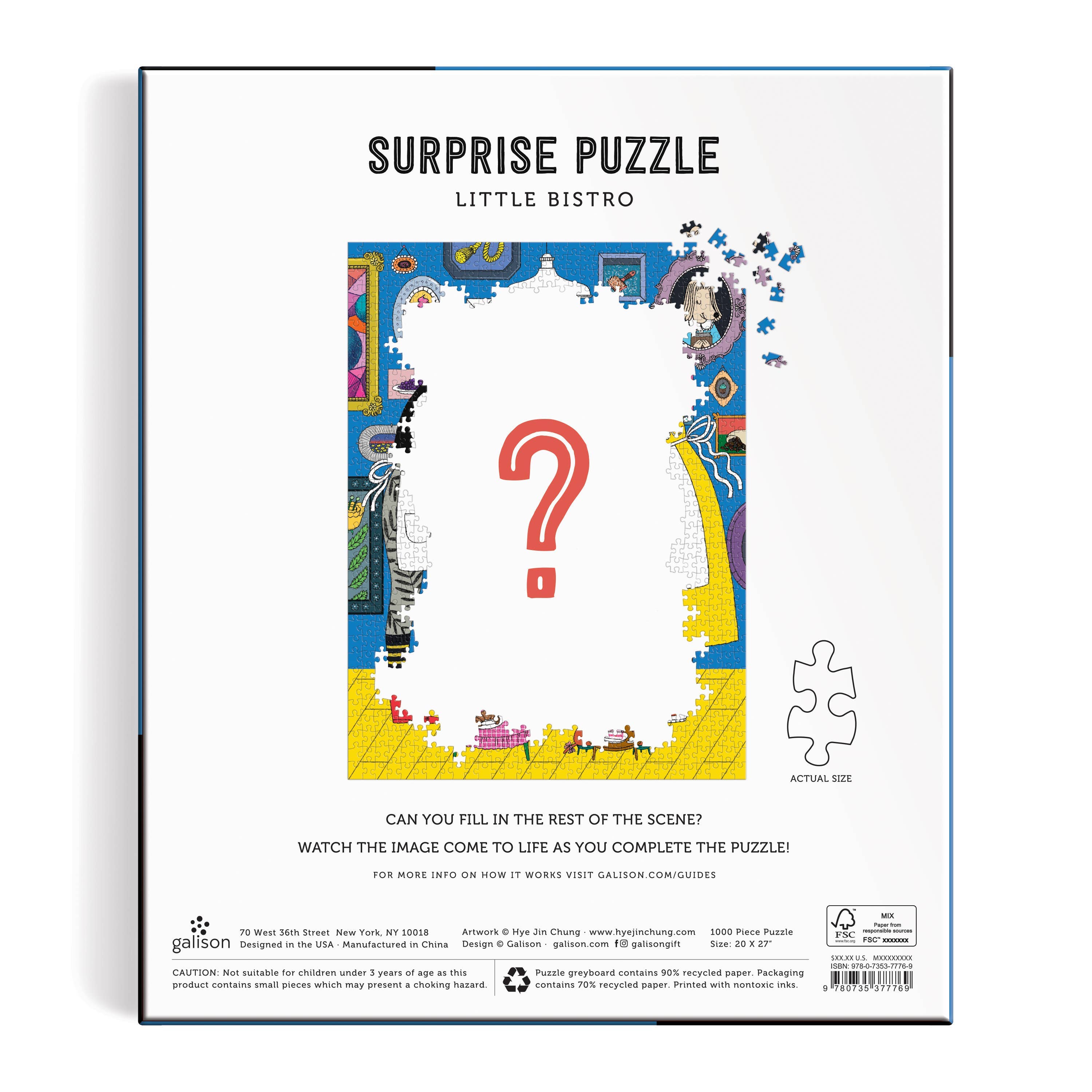Back view of partially assembled Little Bistro 1000 Piece Surprise Puzzle, restaurant theme, red question mark shown.