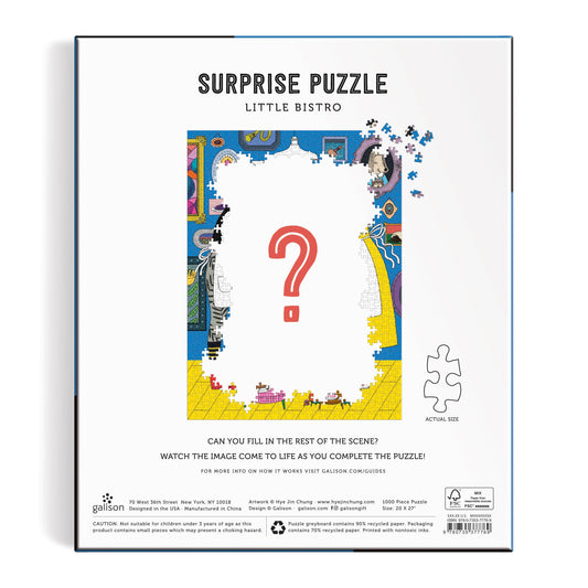 Back view of partially assembled Little Bistro 1000 Piece Surprise Puzzle, restaurant theme, red question mark shown.