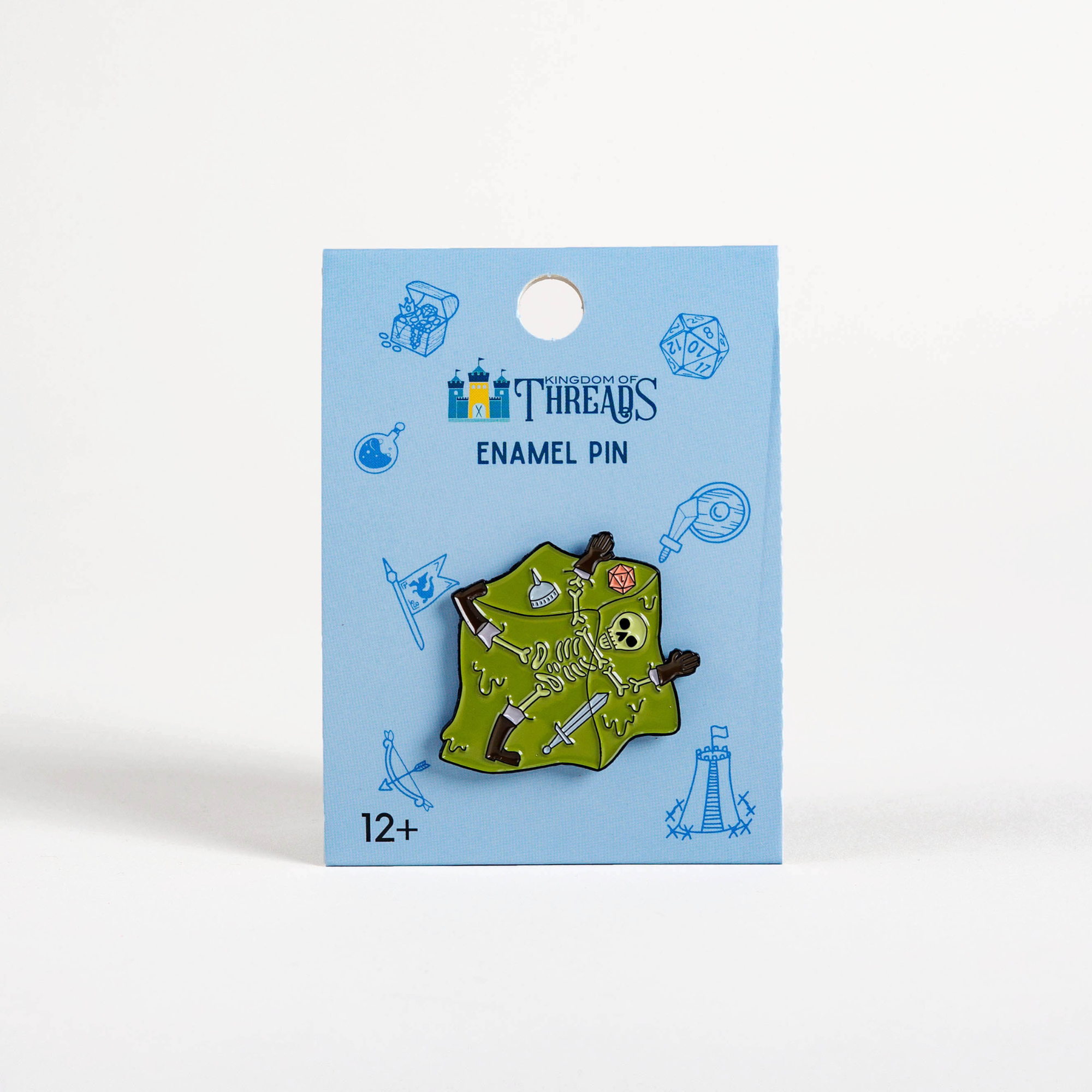 Eaten By a Gelatinous Cube enamel pin with Dumb Ways to D&Die and D&D-themed backing card.