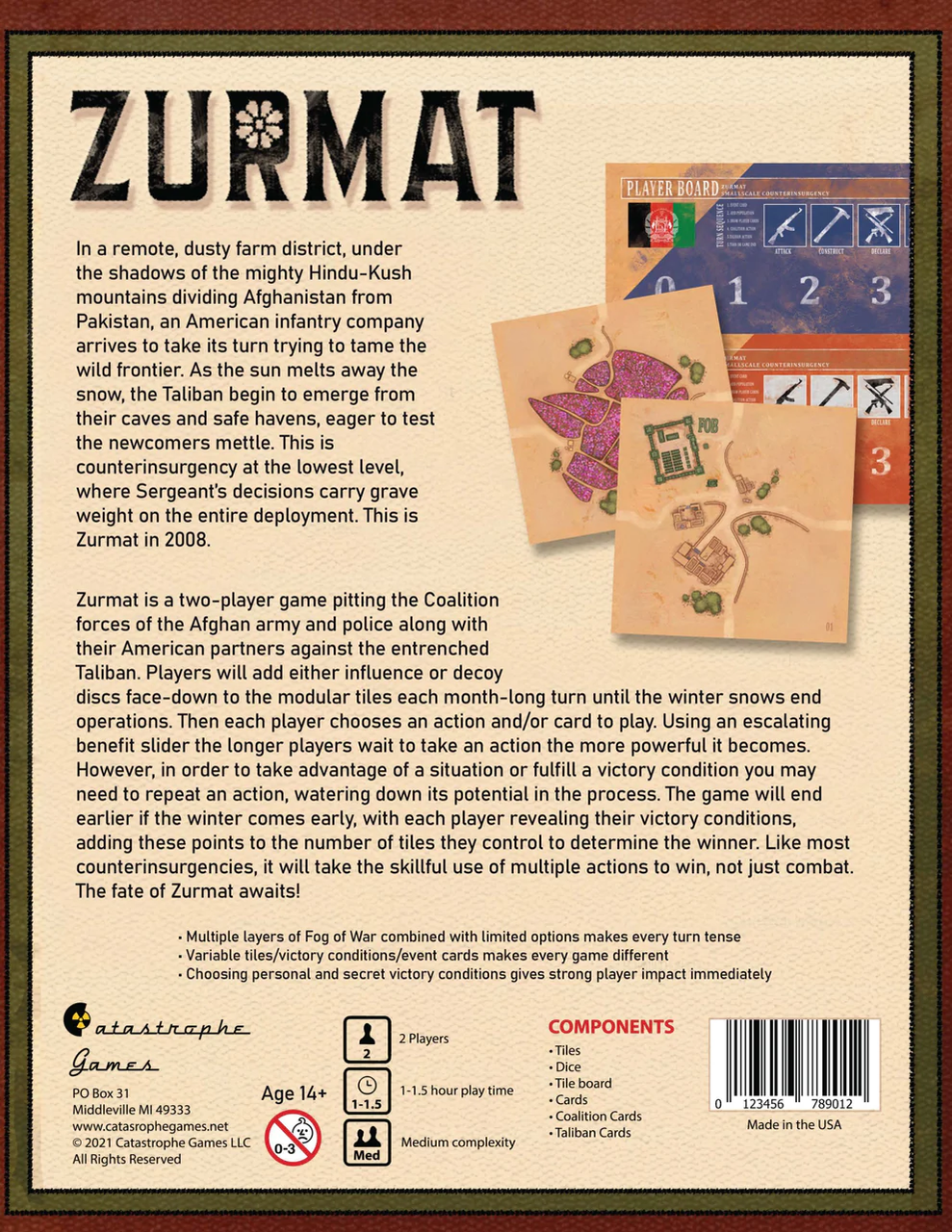 Zurmat box back showing game details, components list, player boards, and 2-player tactical war setup.