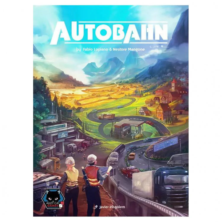 Autobahn board game cover with two engineers observing a winding German highway.