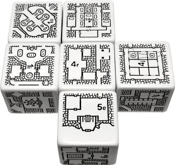 Five white DungeonMorph Dice Trailblazer Set dice with black designs.