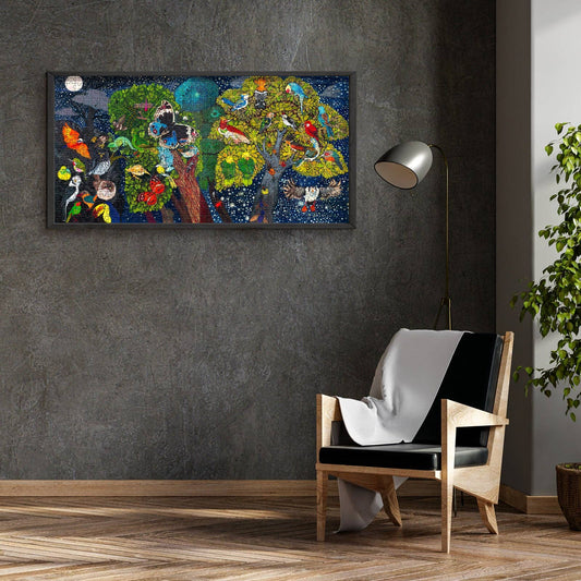 Modern chair with blanket beneath floor lamp; Mid Summer Night Dream puzzle art displayed on gray wall.