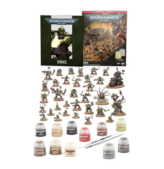 Warhammer 40,000 Getting Started with Orks set with painted miniatures, paints, brush, and rulebook.