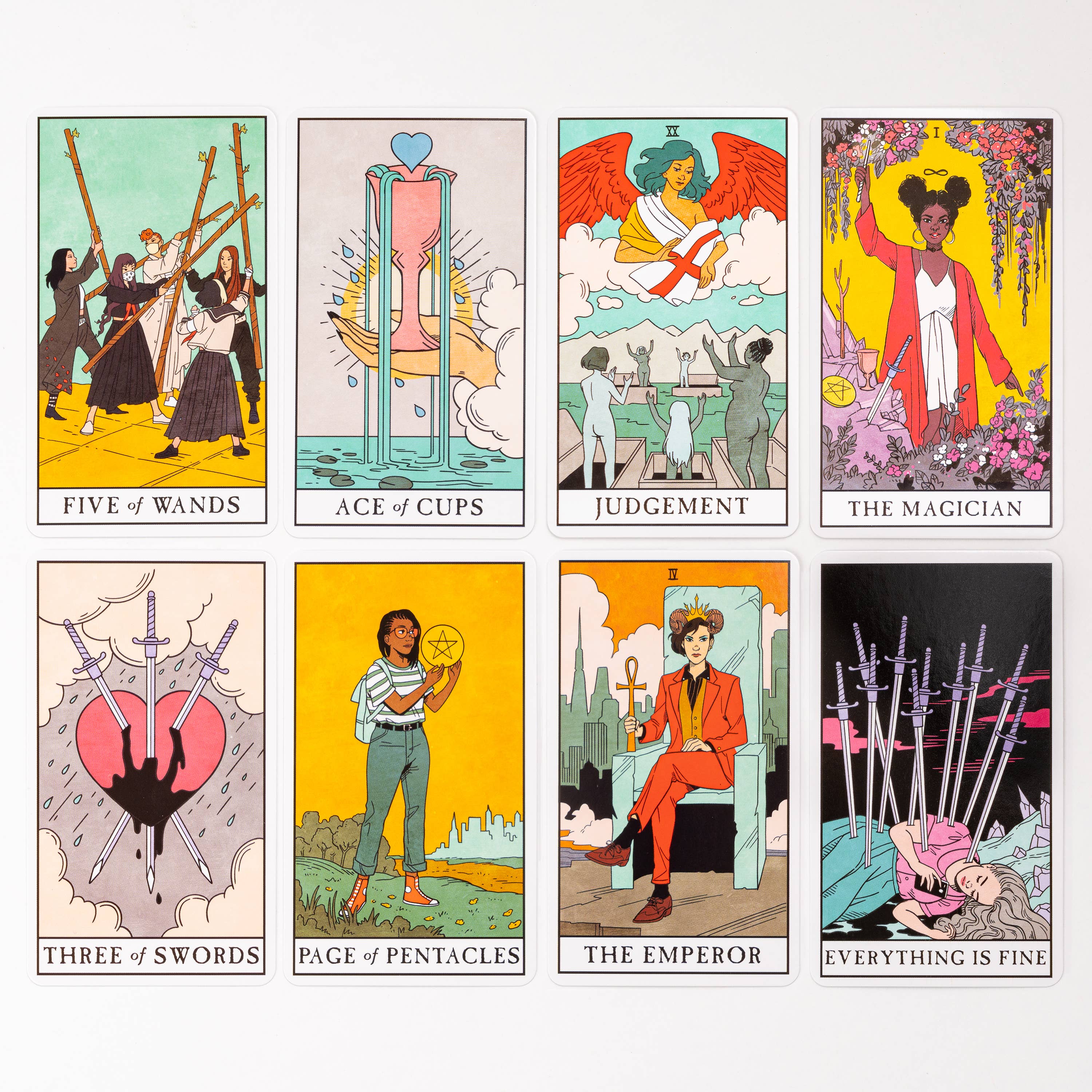 Modern Witch Tarot Deck with cards including Five of Wands and Ace of Cups shown.