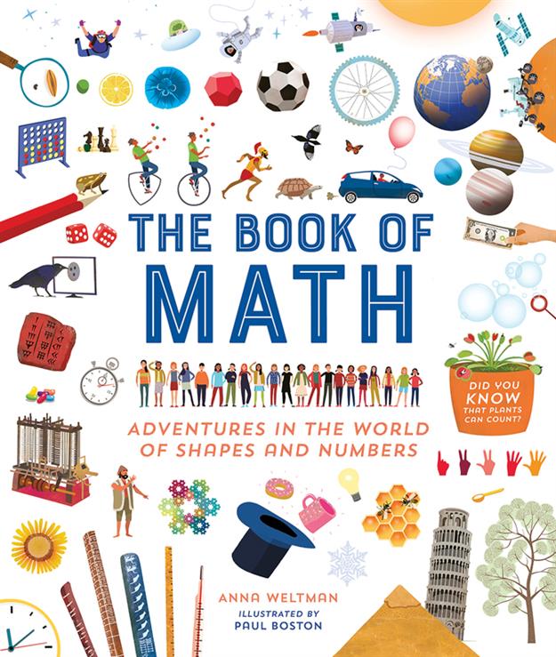 The Book of Math cover featuring symmetry in nature, math objects, shapes, and people.