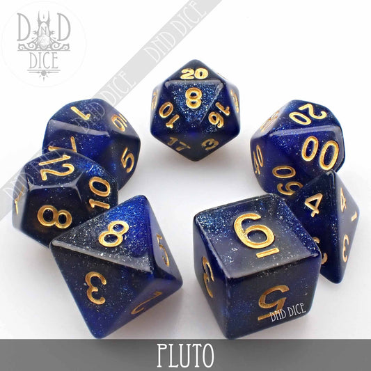 Pluto sparkling blue polyhedral dice set for tabletop games in acrylic bottle packaging.