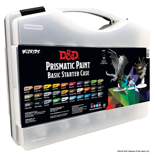 Dungeons & Dragons Vallejo Prismatic Paints Basic Starter Set in a plastic case with acrylic paints shown on the front.