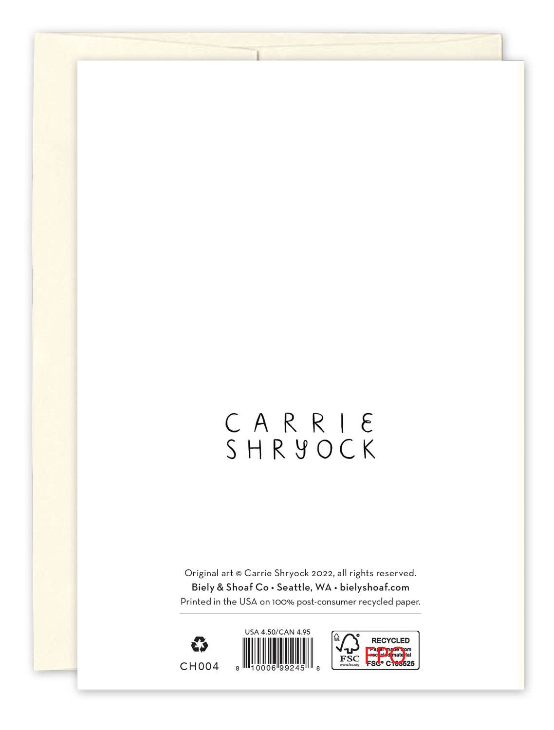 Back of Mushrooms Birthday Card with Carrie Shryock art, copyright, UPC, and FSC recycled paper logo.