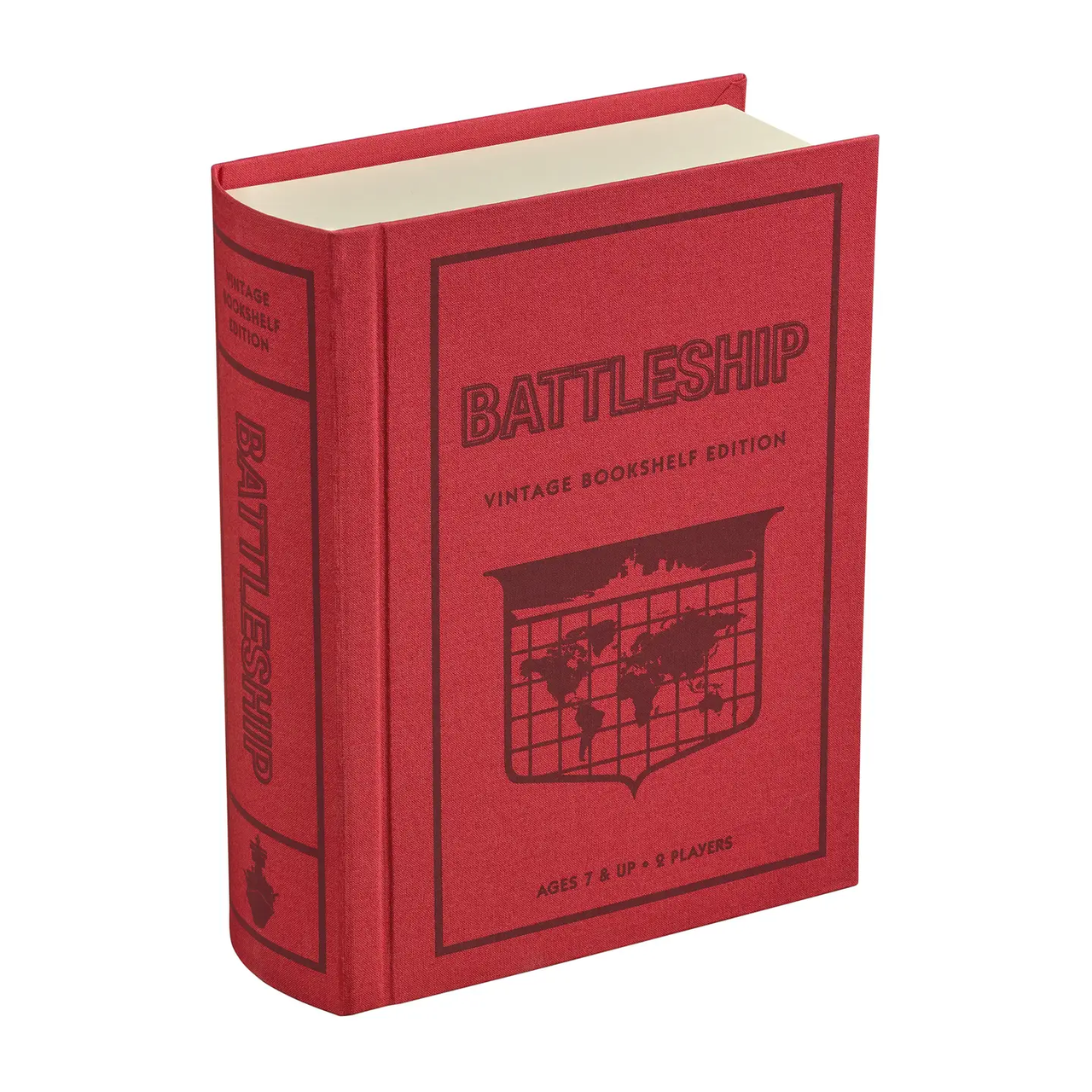 Battleship Vintage Bookshelf Edition by Hasbro in a red case with world map design.