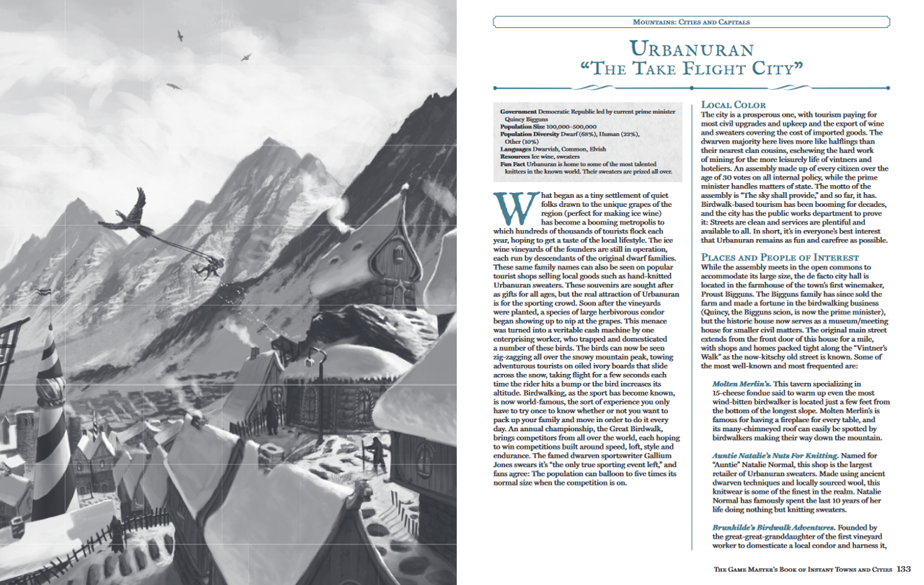 The Game Masters Book of Instant Towns and Cities featuring a snowy mountain city with villagers and flying creatures.