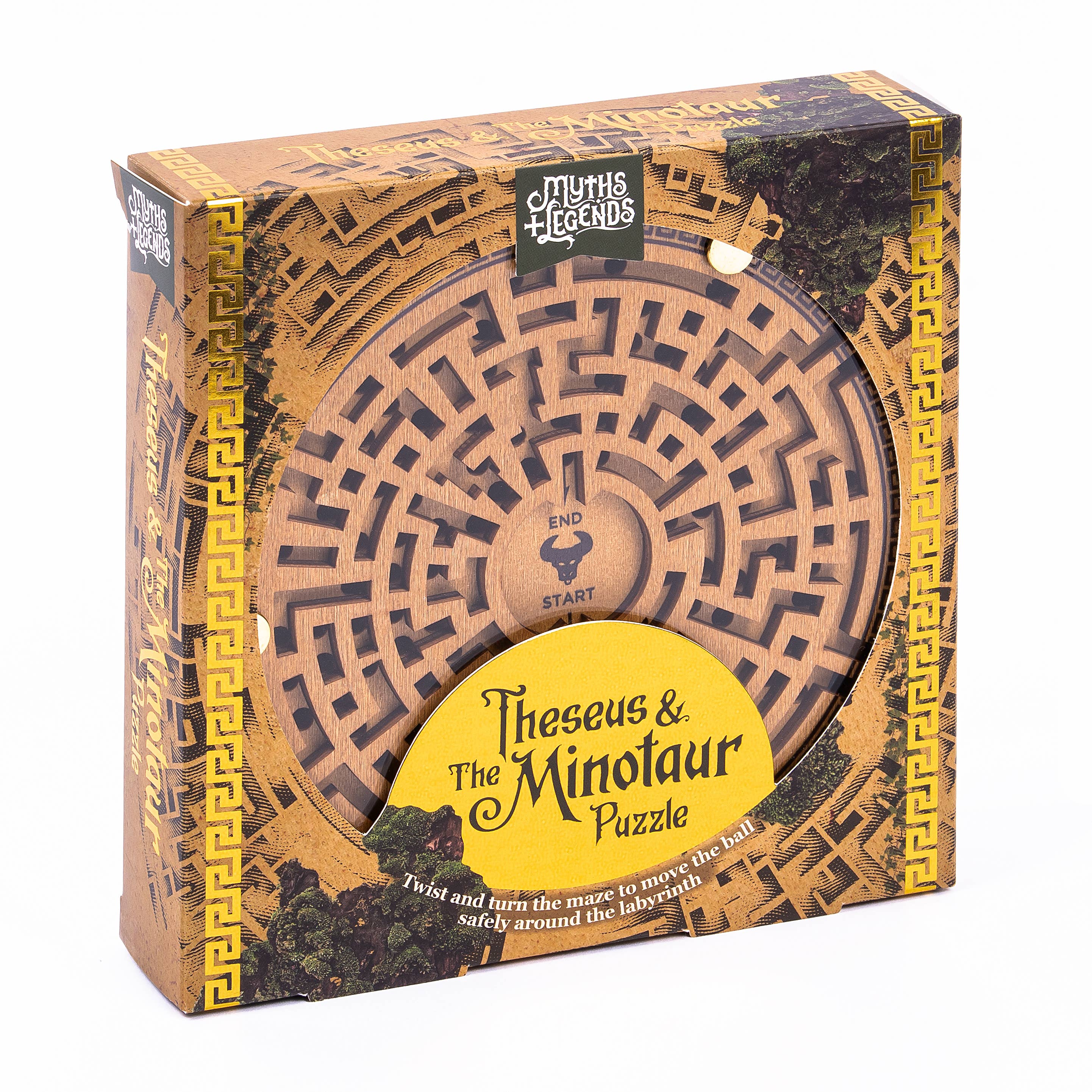 Theseus and the Minotaur round wooden labyrinth puzzle in a square box.