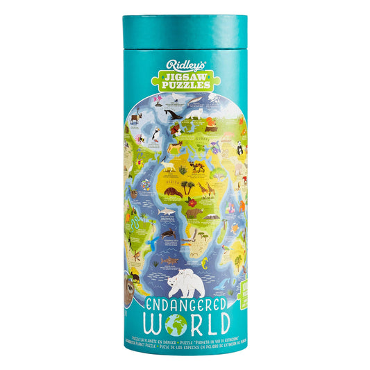 Endangered World 1000 Piece Jigsaw Puzzle with illustrated map of endangered species in a cylinder box.