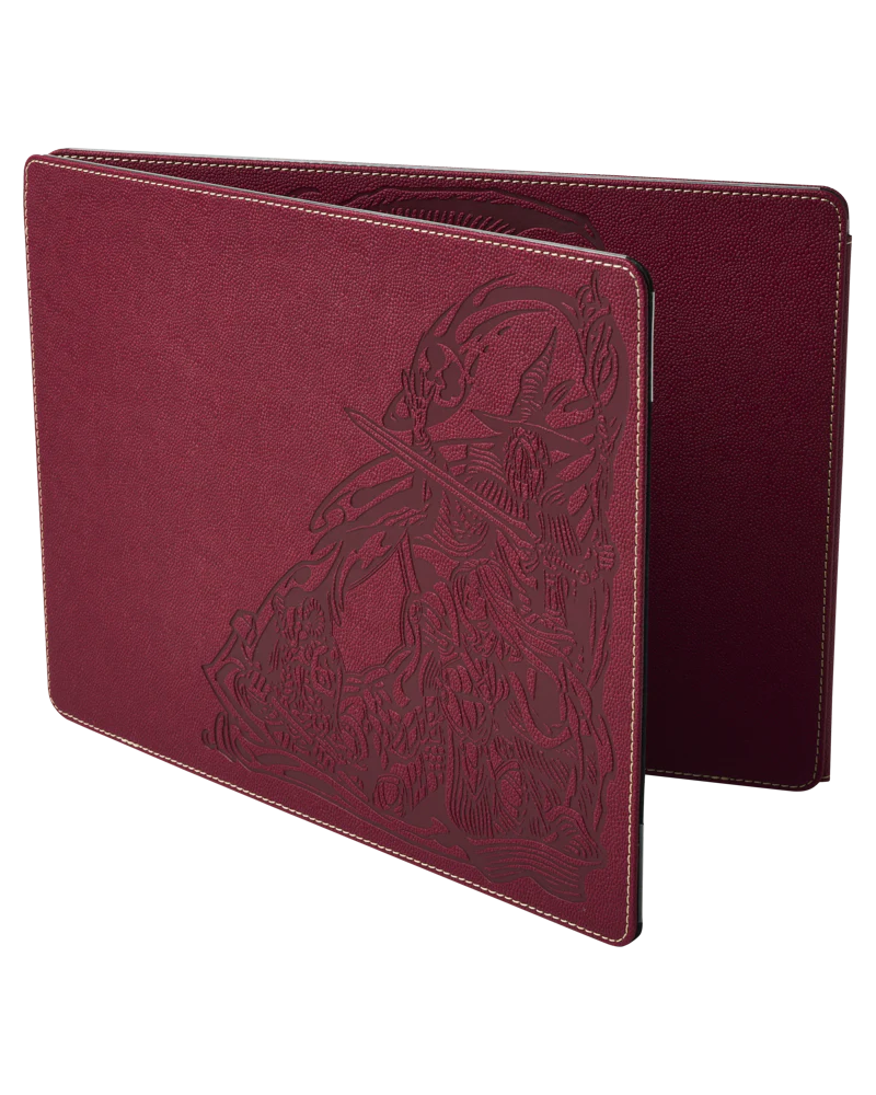 GM Screen Dragon Shield maroon leather binder with embossed art, white stitching, and customizable screen.