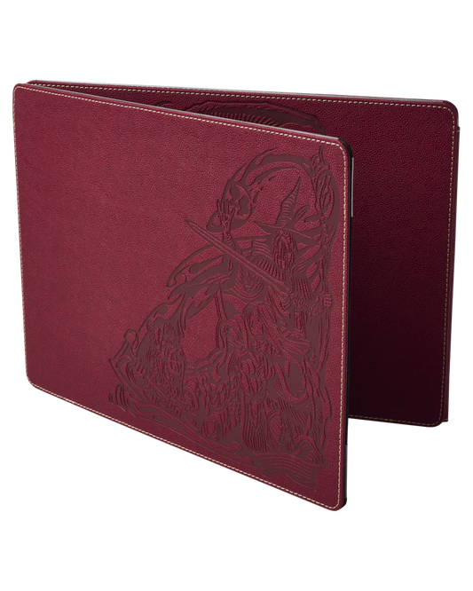 GM Screen Dragon Shield maroon leather binder with embossed art, white stitching, and customizable screen.
