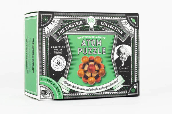 Wood Atom Puzzle in a green and black box with atom model and Einstein illustration from The Einstein Collection.