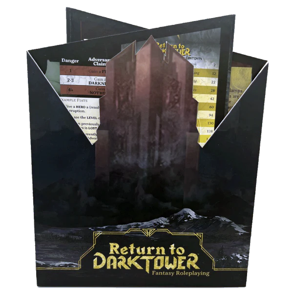 Return to Dark Tower RPG Adversary Screen box with included game cards and a tower-shaped divider.