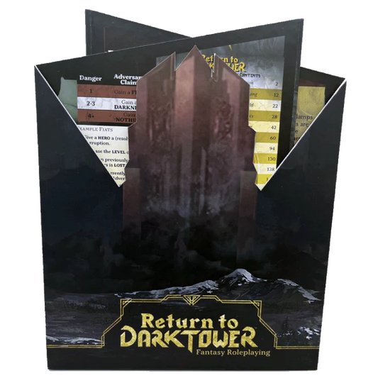 Return to Dark Tower RPG Adversary Screen box with included game cards and a tower-shaped divider.