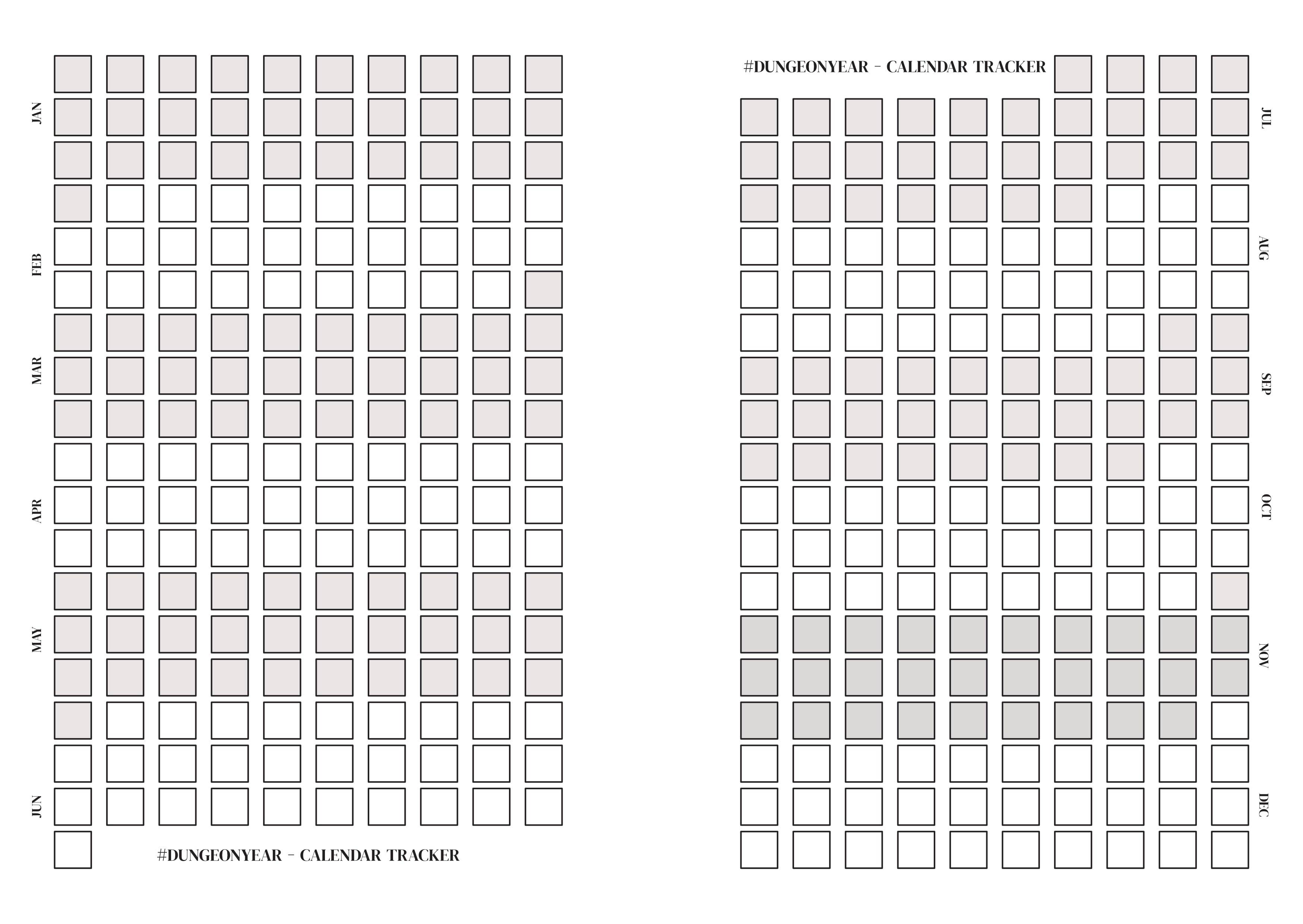 Dungeon Year Design Journal showing two blank grids for solo RPG or megadungeon campaign tracking.