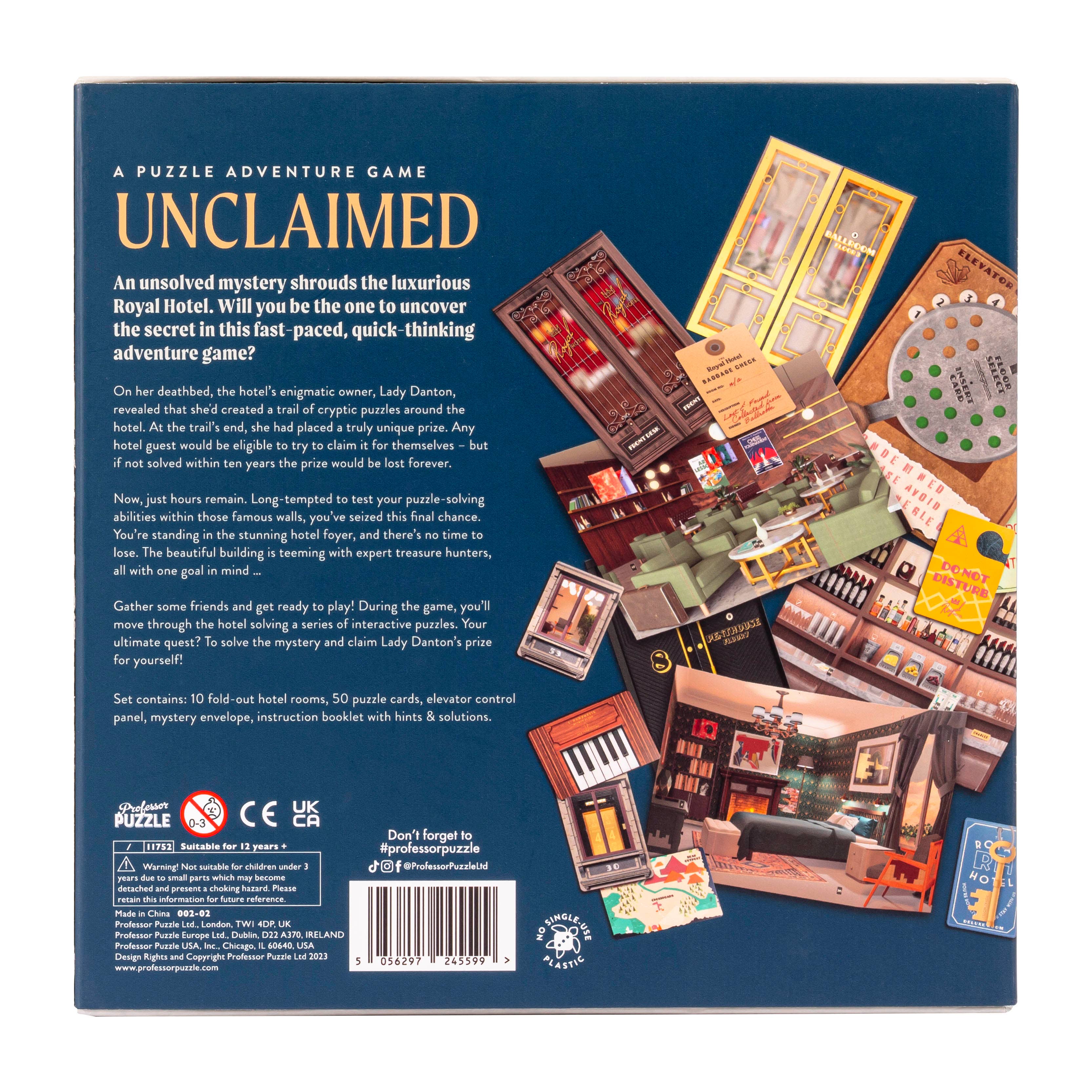 Back of the Unclaimed adventure game box, showing components and a story summary.