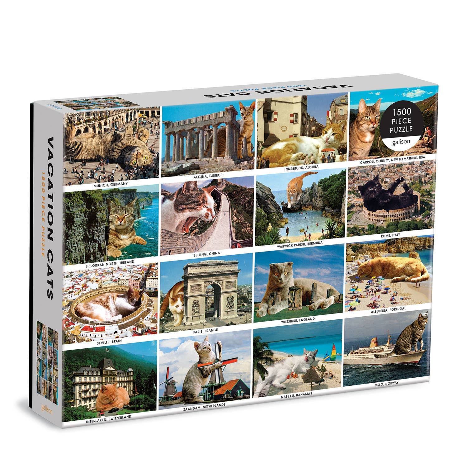 Vacation Cats 1500 Piece Puzzle featuring cats photoshopped into famous world landmarks.
