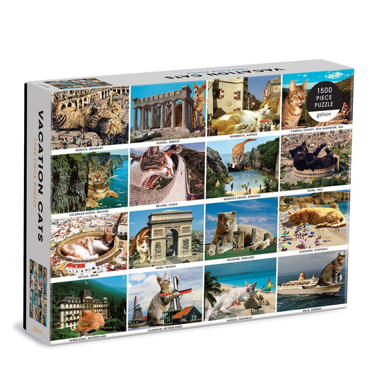 Vacation Cats 1500 Piece Puzzle featuring cats photoshopped into famous world landmarks.