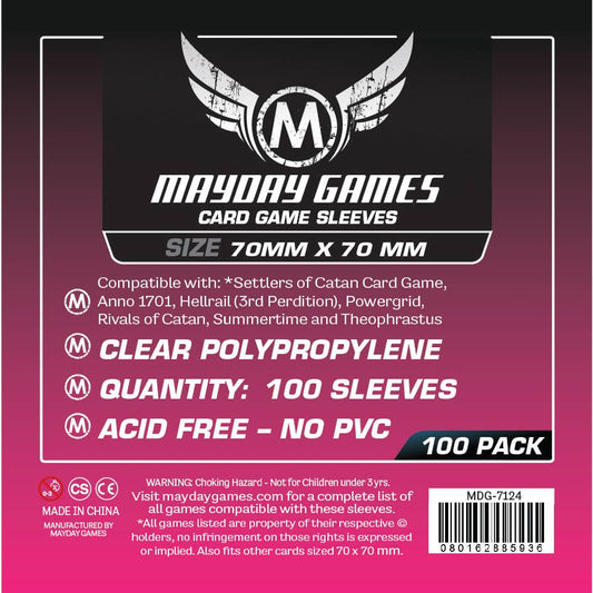 Small Square Card Sleeves, 70x70mm, clear, pack of 100. Suitable for various board games.