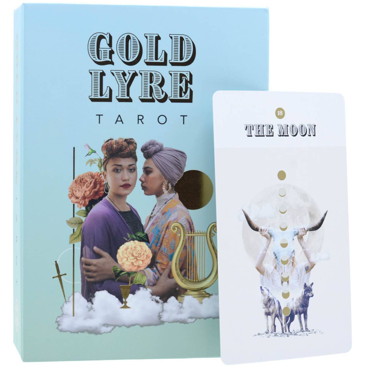 Gold Lyre Tarot deck with box showing two women, flowers, and a lyre; Moon card displays horns and wolves.
