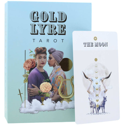 Gold Lyre Tarot deck with box showing two women, flowers, and a lyre; Moon card displays horns and wolves.