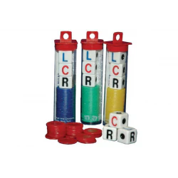 Three plastic tubes containing dice and tokens for the LCR - Left Center Right Wild game.