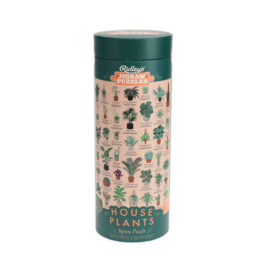 Houseplants 1000 Piece Jigsaw Puzzle in cylindrical box with illustrated houseplants on label.