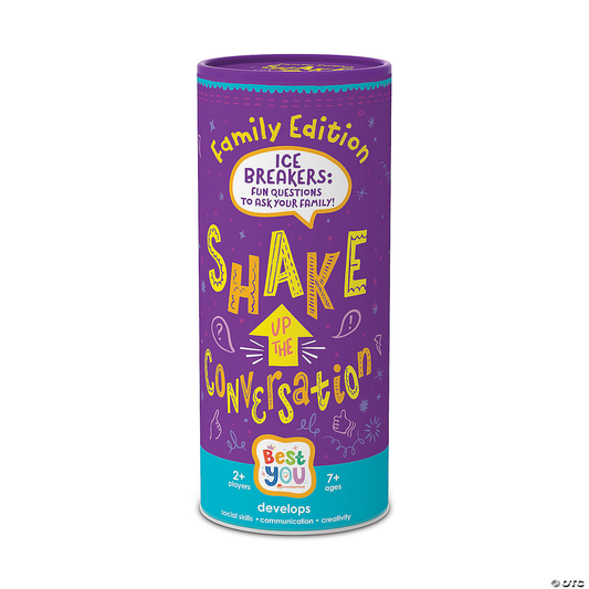 Purple cylindrical box labeled Shake Up the Conversation Family Edition, for ages 7 and up.