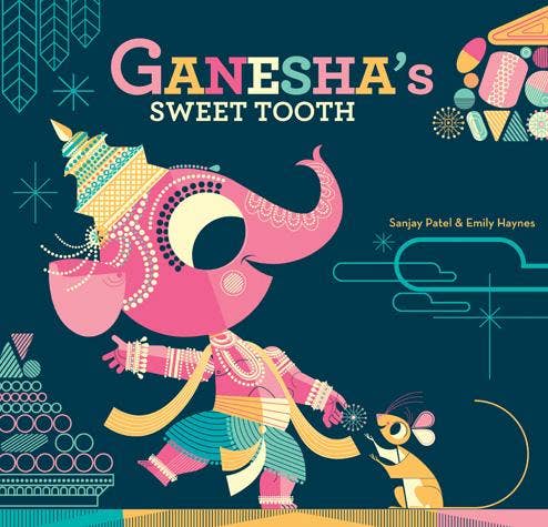 Ganeshas Sweet Tooth book cover featuring a pink elephant and mouse, inspired by Indian mythology.