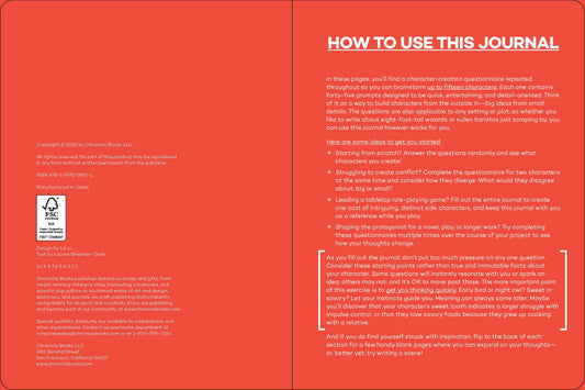 A Writer’s Journal for Creating Characters with usage tips, red headers, and white text on coral background.