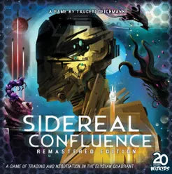 Sidereal Confluence: Remastered Edition board game featuring a robotic head and aliens on the cover.