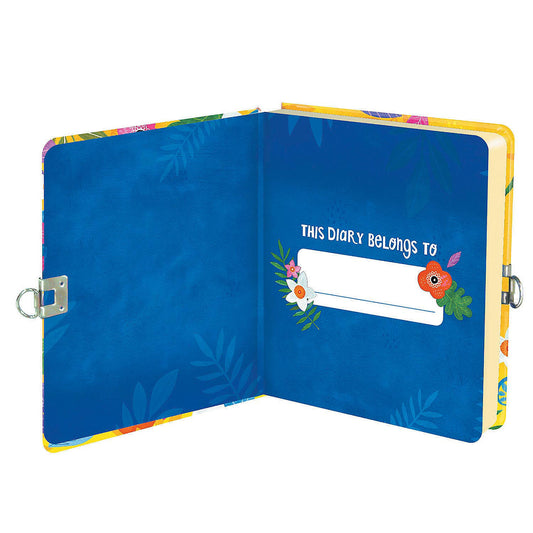 Hardcover diary with lock and key, happy sloth cover, blue inside cover, floral accents, and name space.