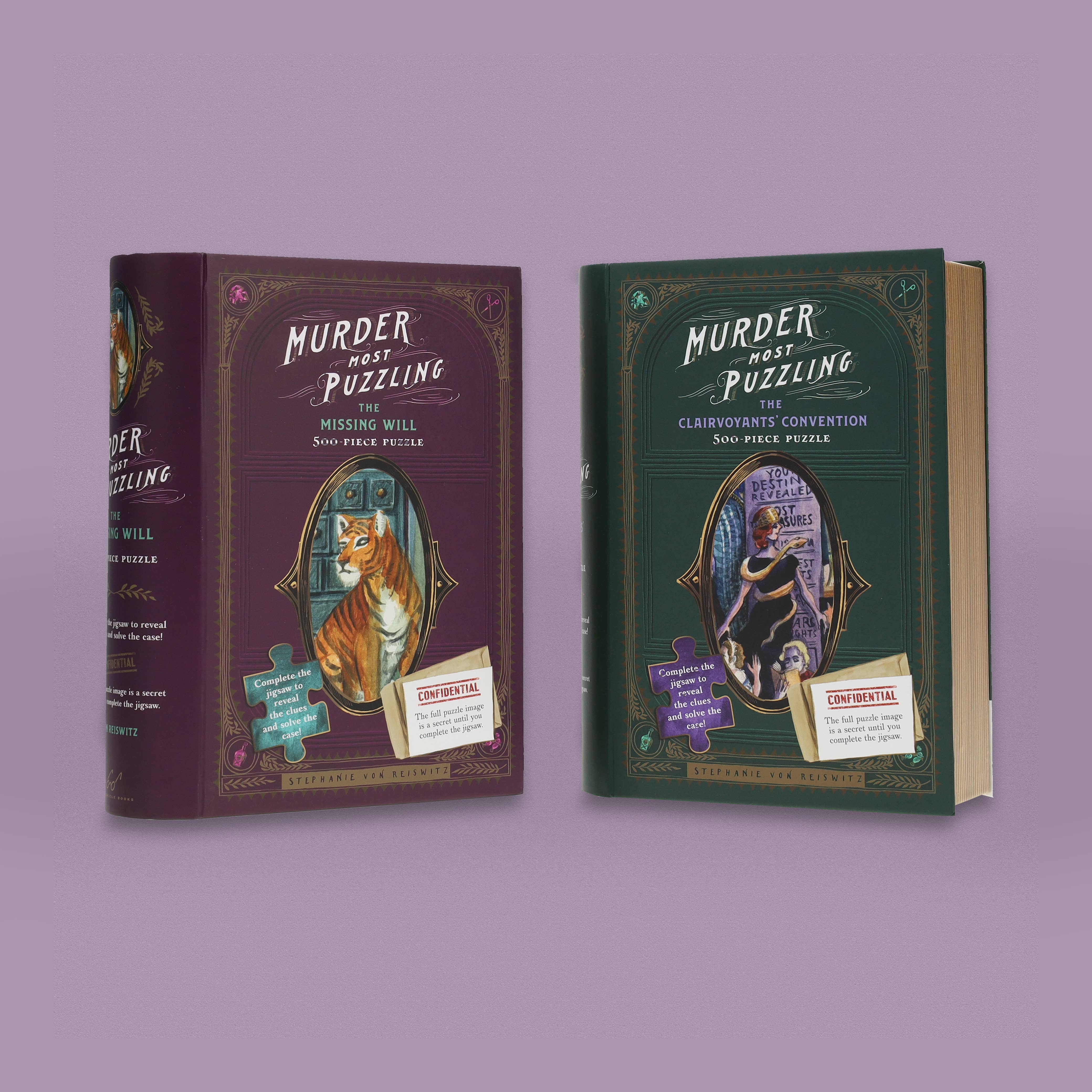 Set of two Murder Most Puzzling: The Clairvoyants Convention 500-piece jigsaw puzzles.