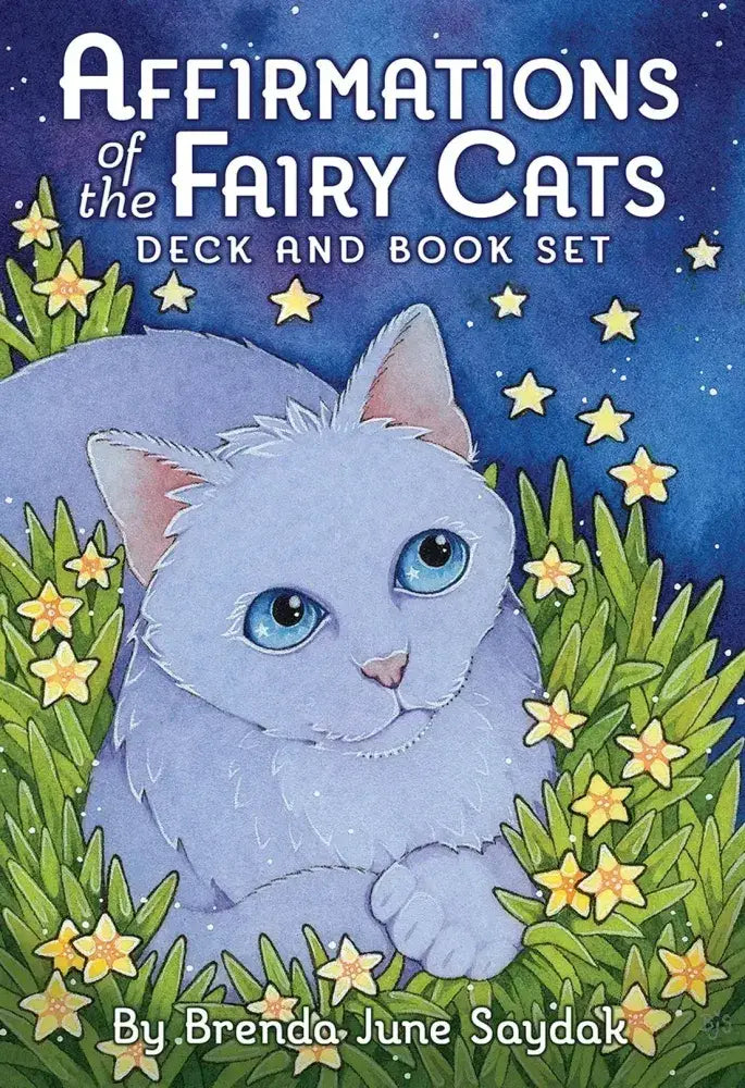 Affirmations of the Fairy Cats Deck and Book Set, featuring a blue-eyed white cat among yellow flowers under stars.