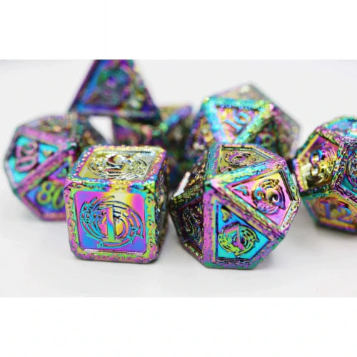 Bardic Song Concerto RPG Metal Dice Set with iridescent, multicolored metal dice on a white surface.