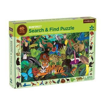 Rainforest Search & Find Puzzle featuring hidden animals and plants for children to discover.