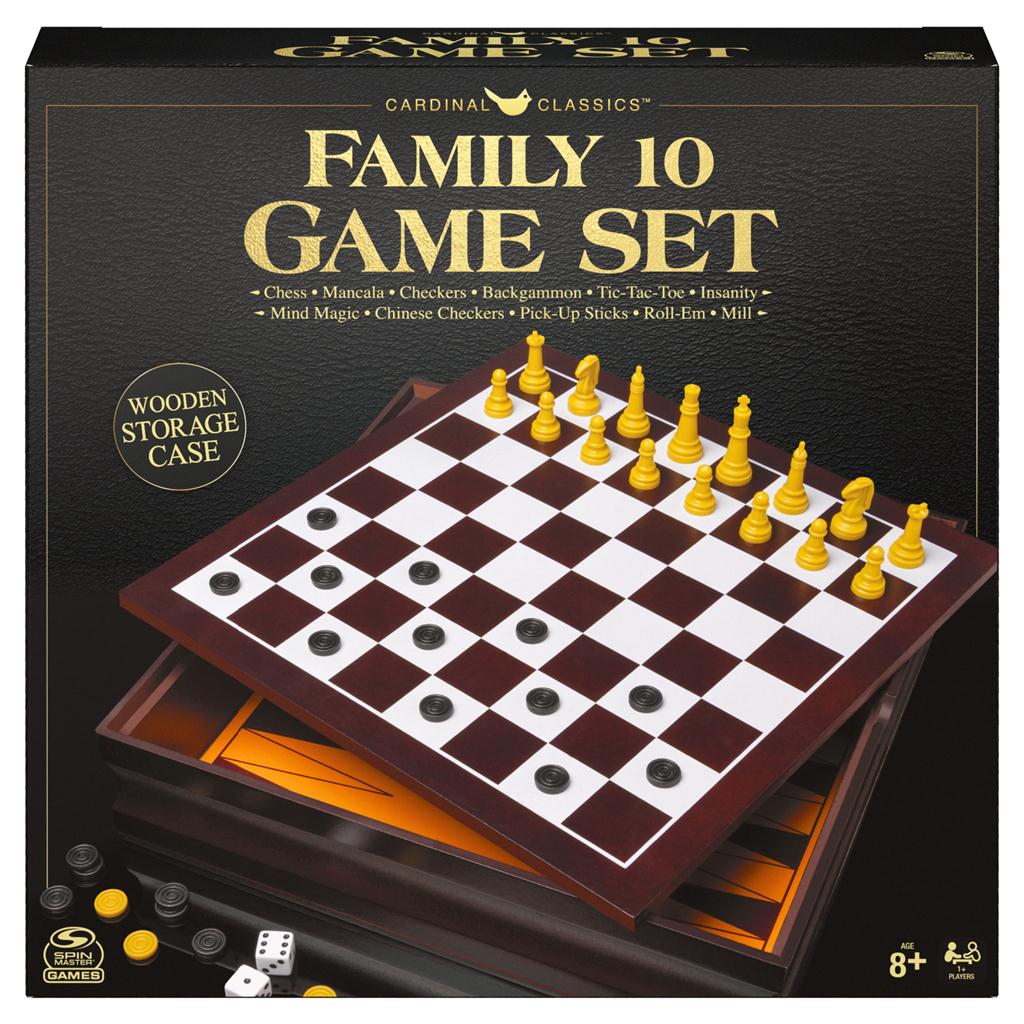 Family 10 Classic Games Set with chess, checkers, and wood storage cabinet.