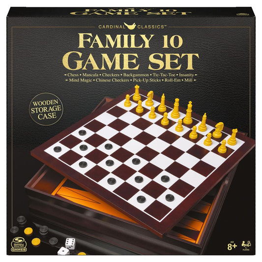Family 10 Classic Games Set with chess, checkers, and wood storage cabinet.