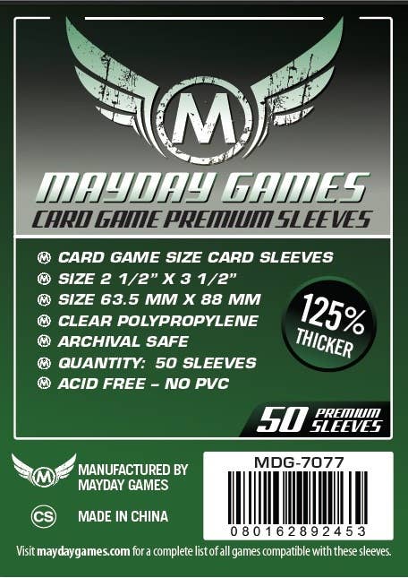 Premium Card Game Sleeves, 50 pack, dark green, 63.5 x 88 mm; size, thickness, quantity, material, and barcode shown.