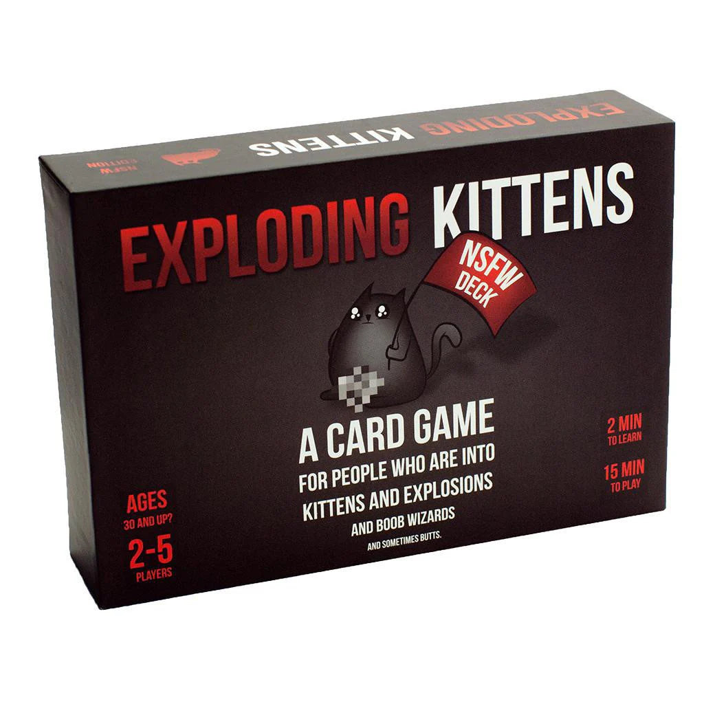 Exploding Kittens NSFW Edition card game in a black box featuring a cartoon kitten holding a censored sign.