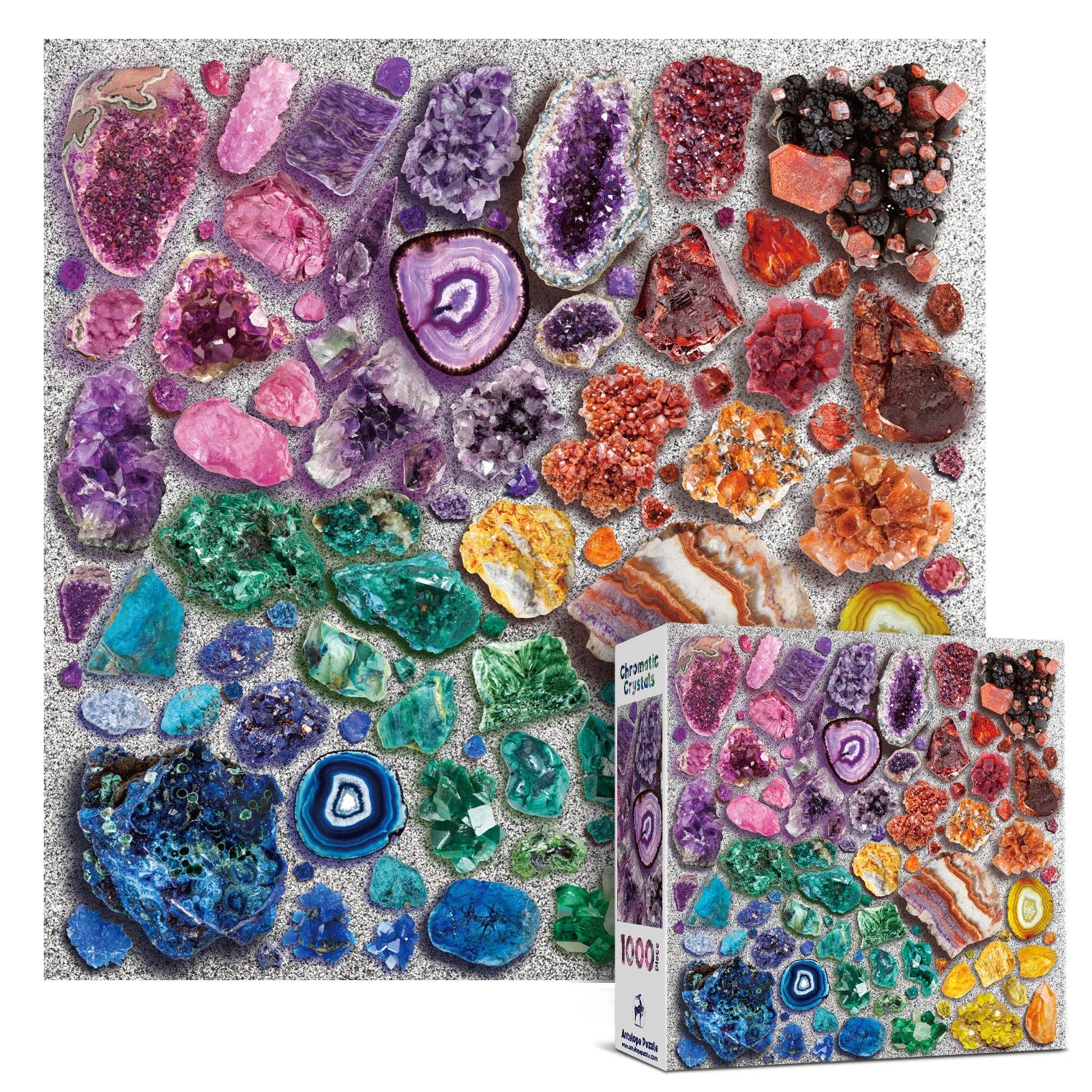 Chromatic Crystals 1000 Piece Jigsaw Puzzle featuring a color-sorted crystal and geode collage.